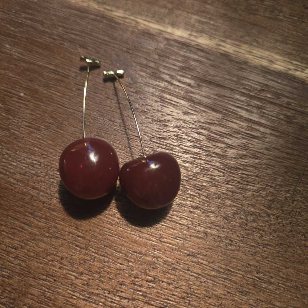 Gold Cherry Drop Earrings in Deep Red - Women Jewelry